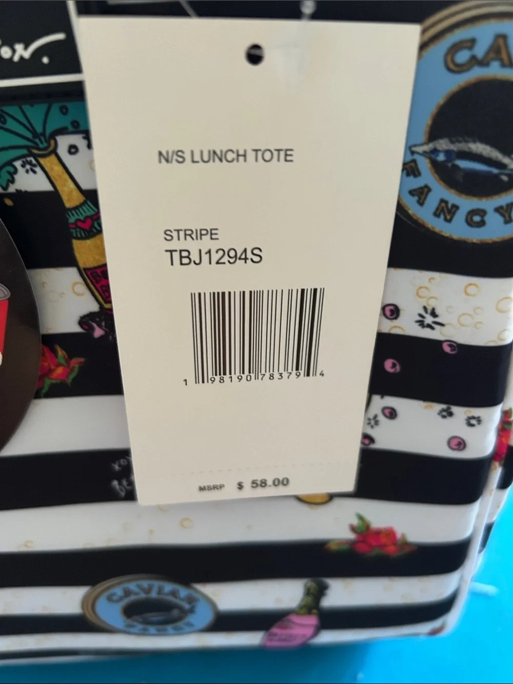 Betsey Johnson Black & White Striped Insulated Lunch Tote with Food Print